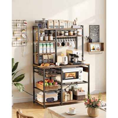 Kitchen Bakers Rack, 5 ft Power Cable Bakers Rack with Power Outlet, Kitchen Stand with X-Shaped Support Bar, 10 S-Shaped Hooks, Coffee Bar Stand for Dishes, Spice Bottles, Built-In Power Strip
