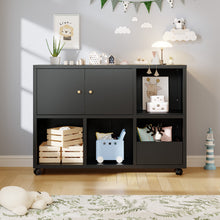 Load image into Gallery viewer, Rolling Toy Storage Cabinet on Wheels - Black Iron Playroom Organizer with Open Cubbies and Closed Cabinets, Sturdy Metal Storage Furniture for Bedroom &amp; Home
