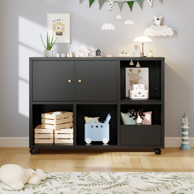 Rolling Toy Storage Cabinet on Wheels - Black Iron Playroom Organizer with Open Cubbies and Closed Cabinets, Sturdy Metal Storage Furniture for Bedroom & Home