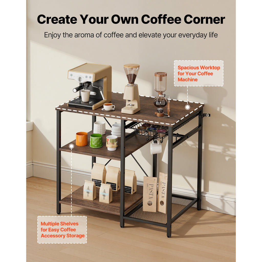 Kitchen Bakers Rack, 35.4 inch Width Bakers Rack, Kitchen Stand with X-Shaped Support Bar, 5 S-Shaped Hooks, Multi-Layer Storage Shelf, Coffee Bar Stand for Dishes & Bowls, Spice Bottles