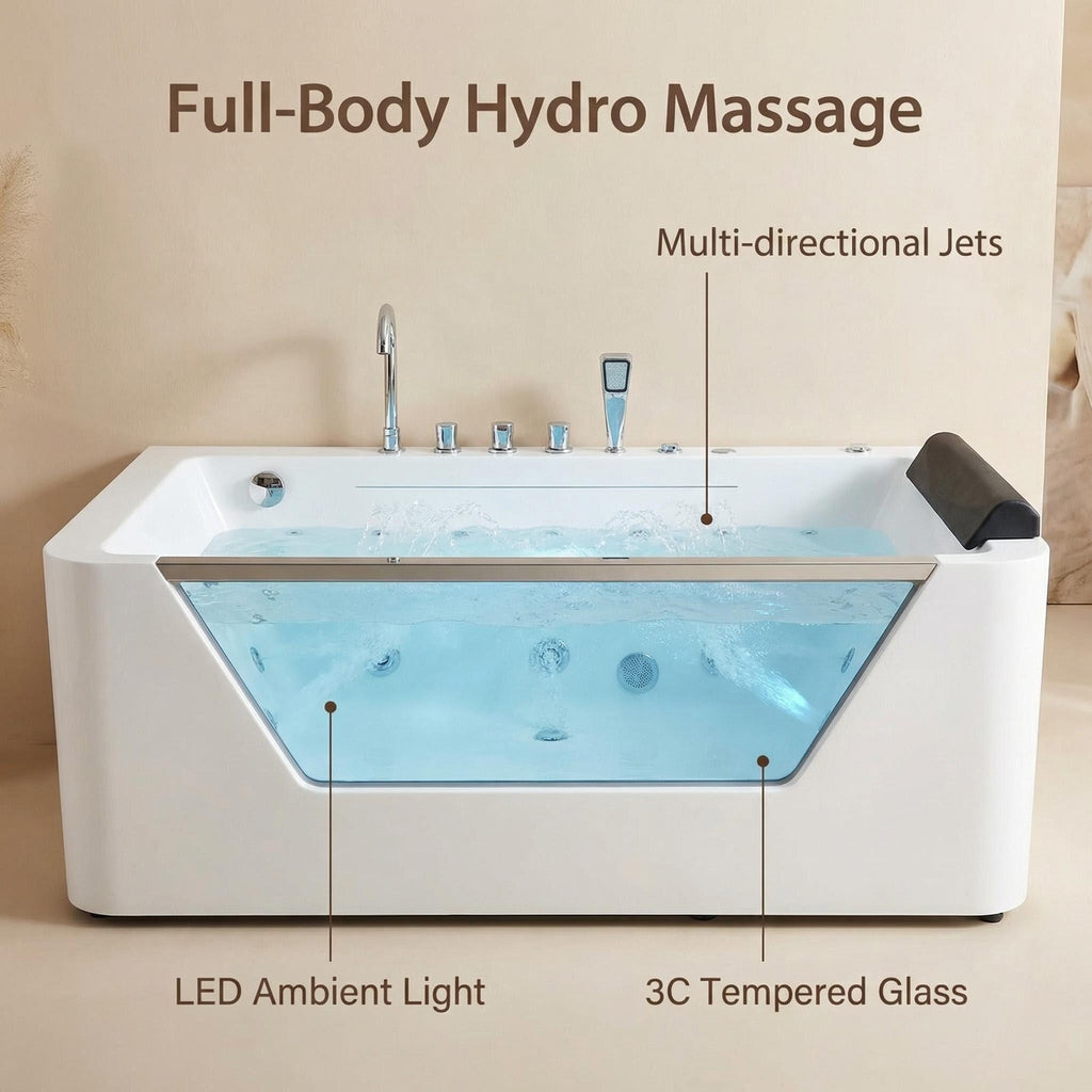67" Whirlpool Bathtub ,Hydrotherapy Jetted Bathtub with Glass Panel, 7 Jets,3-Side Apron,89 Gallons,White