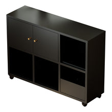 Load image into Gallery viewer, Rolling Toy Storage Cabinet on Wheels - Black Iron Playroom Organizer with Open Cubbies and Closed Cabinets, Sturdy Metal Storage Furniture for Bedroom &amp; Home