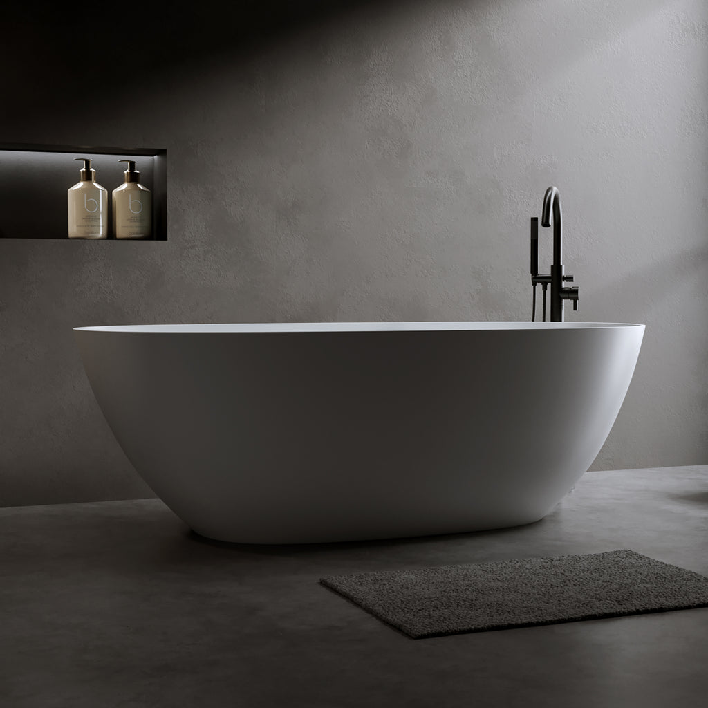 61'' Freestanding Bathtub Resin Stone Soaking Bathtub Solid Surface Modern Tubs with Overflow and Pop-up Drain in White