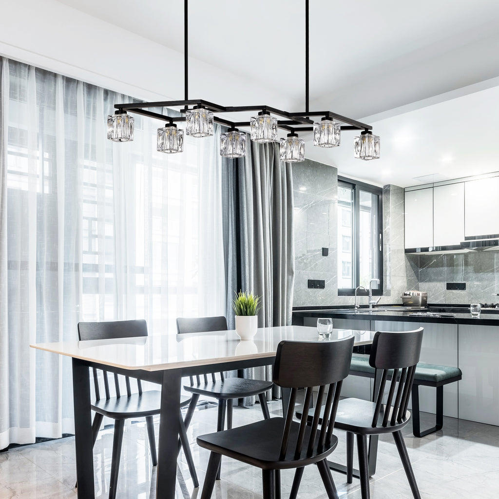 Matte Black Crystal  Chandelier for Dining Room, 8-Light Kitchen Chandelier Light Fixture Modern Metal Industrial  Chandeliers for Farmhouse Entryway Living Room (8*G9 Bulbs Included)