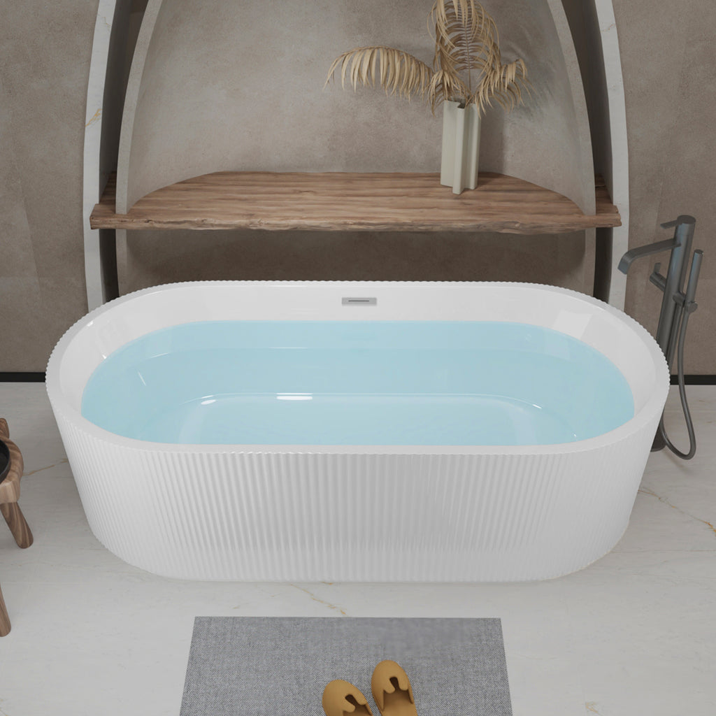 59"Linear AcrylicFreestanding Bathtub Stand Alone Soaker Tub, Glossy White Acrylic, POP-UP Chrome Drain, cUPC Certified
