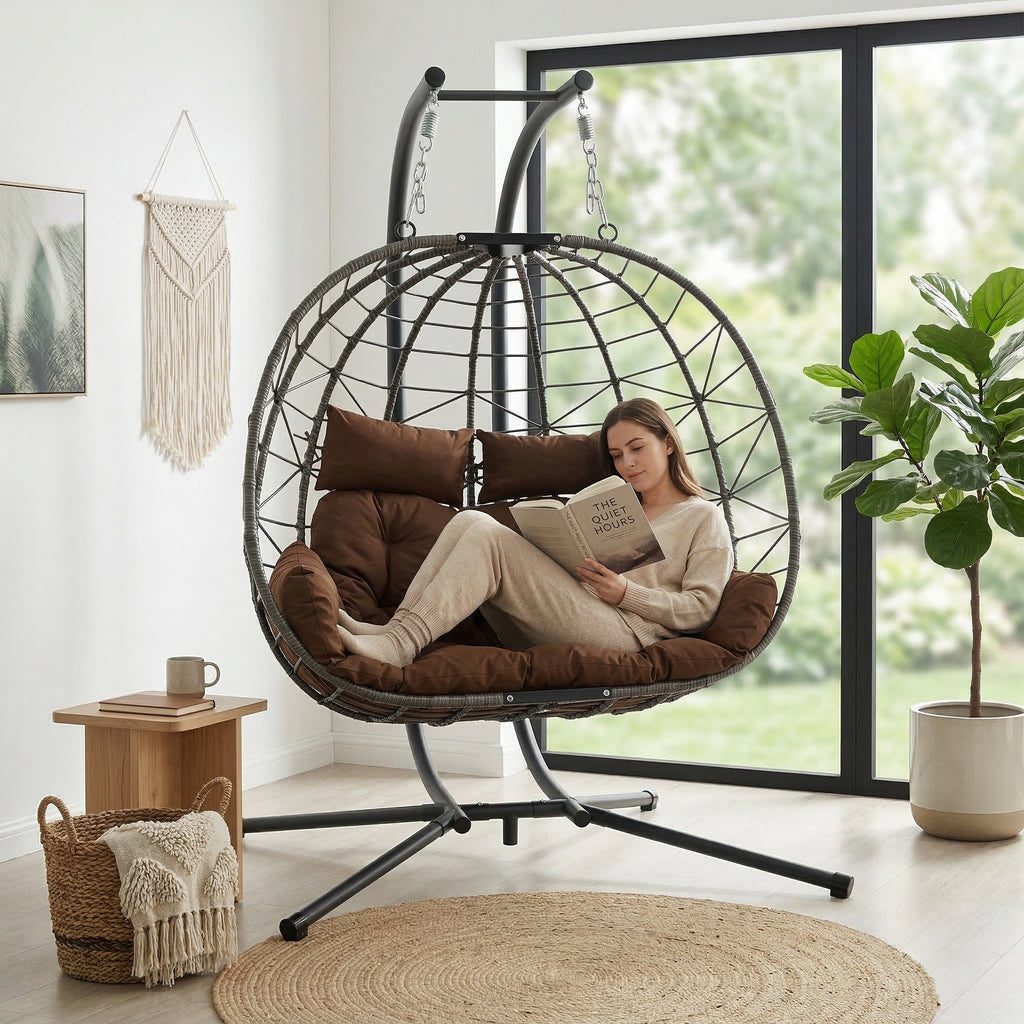 Double Hanging Egg Chair wth Stand, Patio Hammock Swing Chair with Cushion Loveseat for Bedroom, Balcony, Garden, Indoor, Outdoor,(Grey)