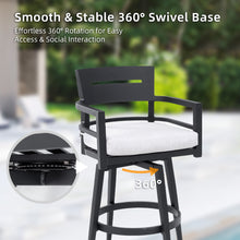 Load image into Gallery viewer, Modern Outdoor 2-Piece Swivel Bar Chairs – Aluminum Frame with Ember Black, 360° Swivel, Ergonomic Backrest &amp; Armrests, Tapered Legs, Sunbrella Cushion, Weather-Resistant &amp; Durable Patio Bar Stool