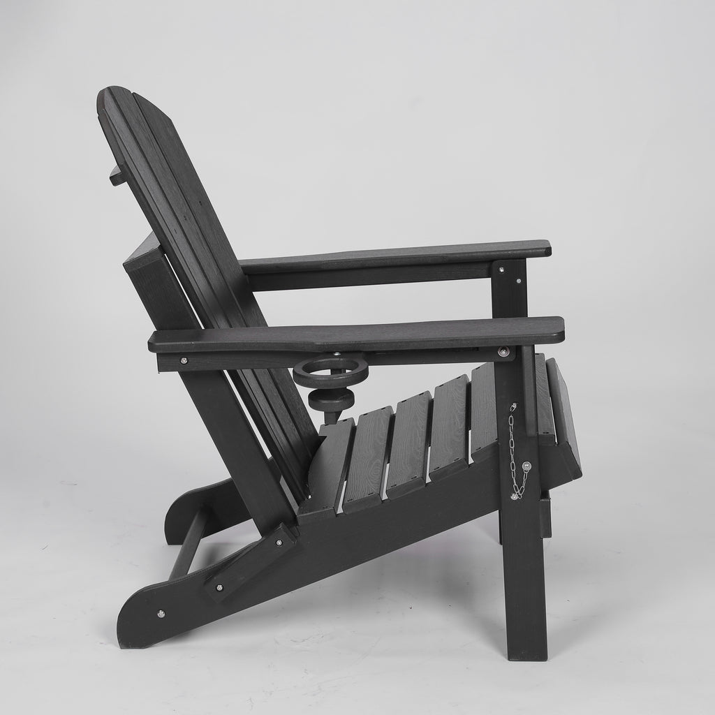 HDPE Folding Adirondack Chair with Dual Cup Holder - Composite Adirondack Chair with Wood Texture- Black