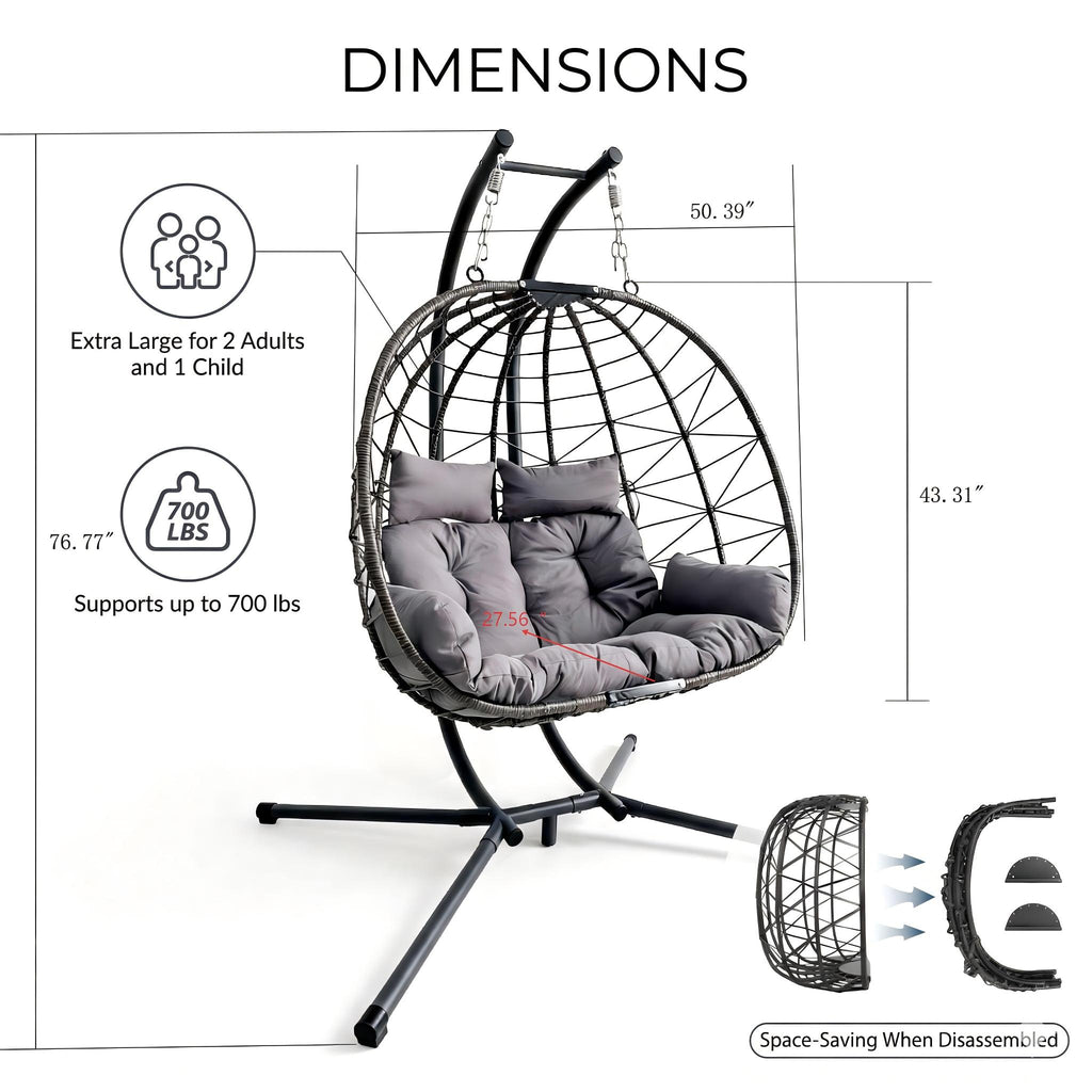 Double Hanging Egg Chair wth Stand, Patio Hammock Swing Chair with Cushion Loveseat for Bedroom, Balcony, Garden, Indoor, Outdoor,(Grey)