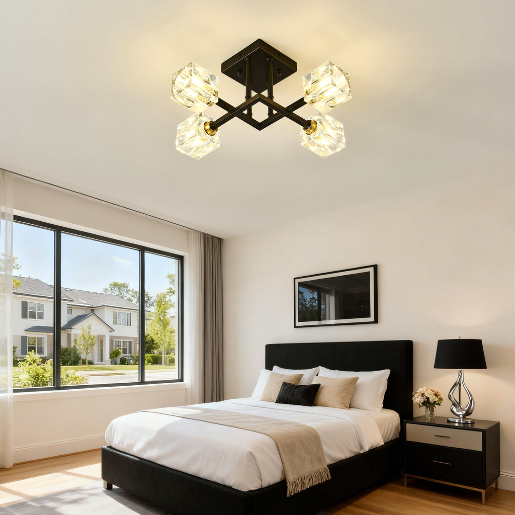 Modern Luxurious Crystal Ceiling Light, 4 Lights (BO INCLUDED Bulb) Modern Crystal Ceiling Light for Dining Room, Pendant Lamp Ceiling Lighting for Living Bedroom Hall Balcony --Matte Black