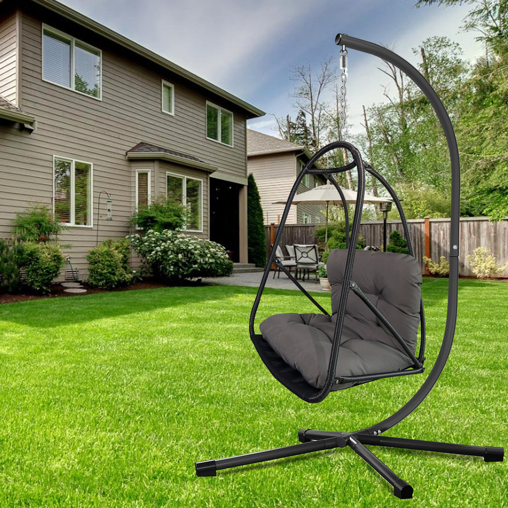Swing Egg Chair with Stand Indoor Outdoor Wicker Rattan Patio Basket Hanging Chair with C Type bracket , with cushion and pillow,Patio Wicker folding Hanging Chair( Special construction cup holder