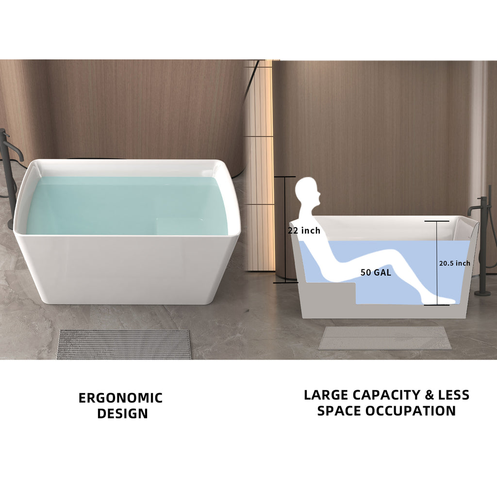 47" Acrylic Freestanding Bathtub with seat: Spacious rectangle Shape, Gloss White Finish,Invisible Overflow & Chrome Pop-Up Drain Cupc Certificate