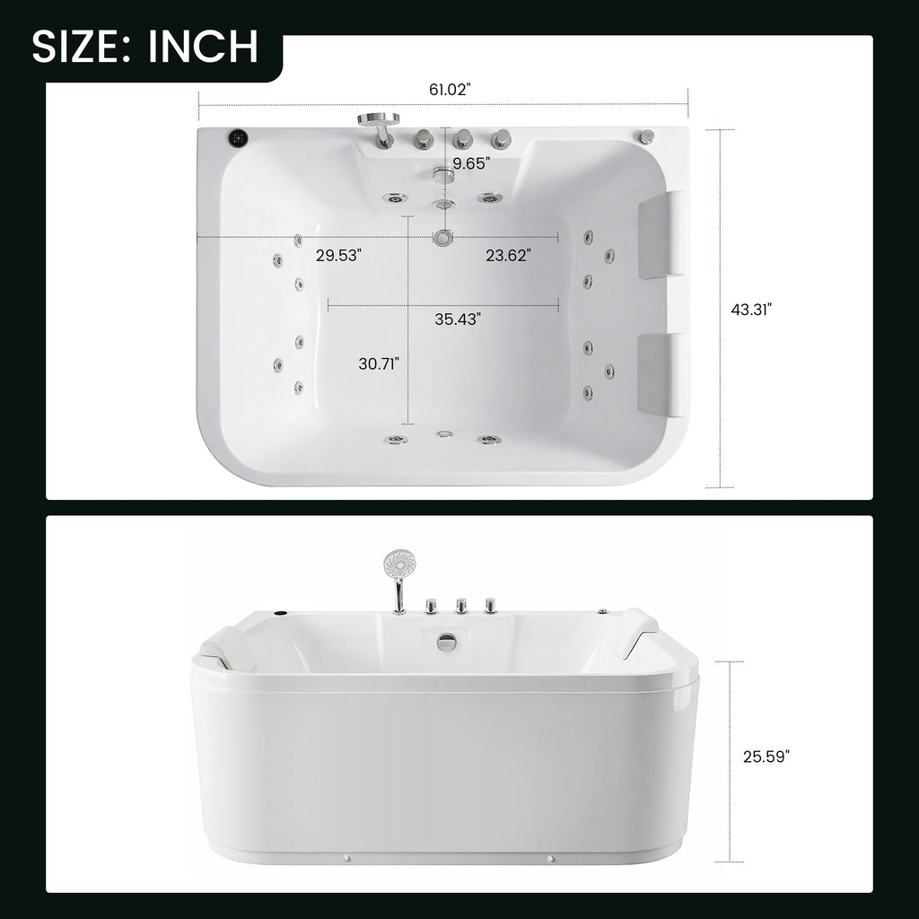 KORRA 61 Inch Acrylic Whirlpool Massage Bathtub for 2 Person 16 Water Jets LED Lights Heater for Jacuzzi Spa Massage