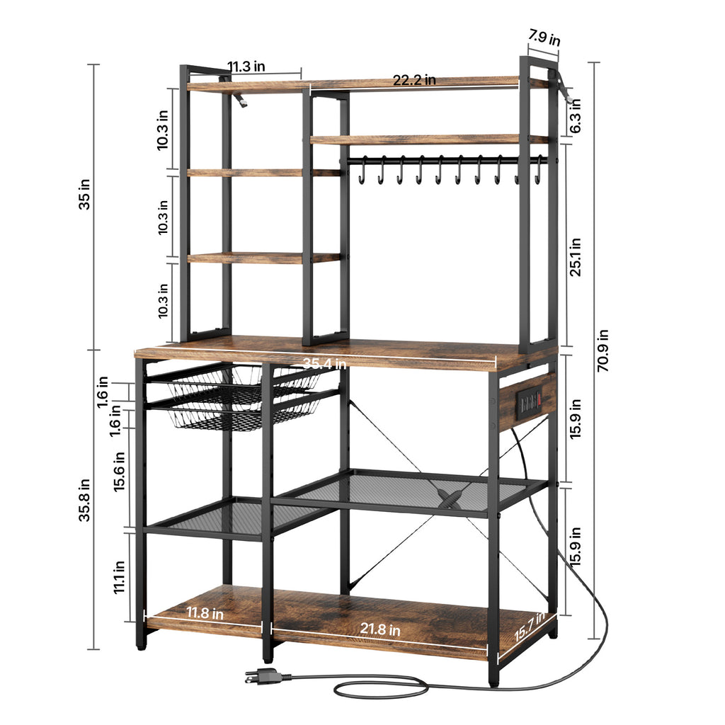 Kitchen Bakers Rack, 5 ft Power Cable Bakers Rack with Power Outlet, Kitchen Stand with X-Shaped Support Bar, 10 S-Shaped Hooks, Coffee Bar Stand for Dishes, Spice Bottles, Built-In Power Strip