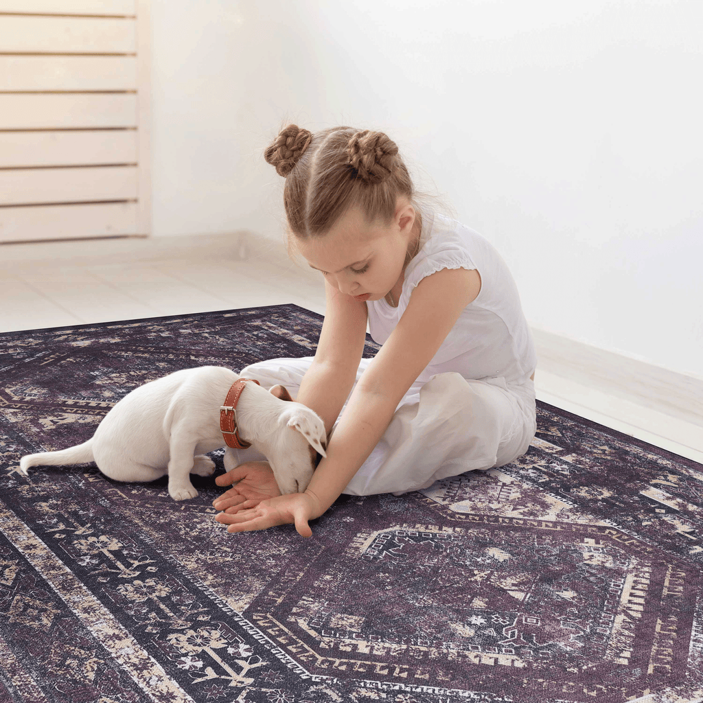 MAVAL Black Washable Rug 2' x 3' Doormat Rug (Black+Burgundy, 2' x 3') Modern, Contemporary, Non-Shedding & Easy to Clean, Ideal for Living Room, Bedroom, Dining Space, 36*24 inch