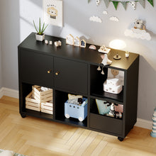 Load image into Gallery viewer, Rolling Toy Storage Cabinet on Wheels - Black Iron Playroom Organizer with Open Cubbies and Closed Cabinets, Sturdy Metal Storage Furniture for Bedroom &amp; Home