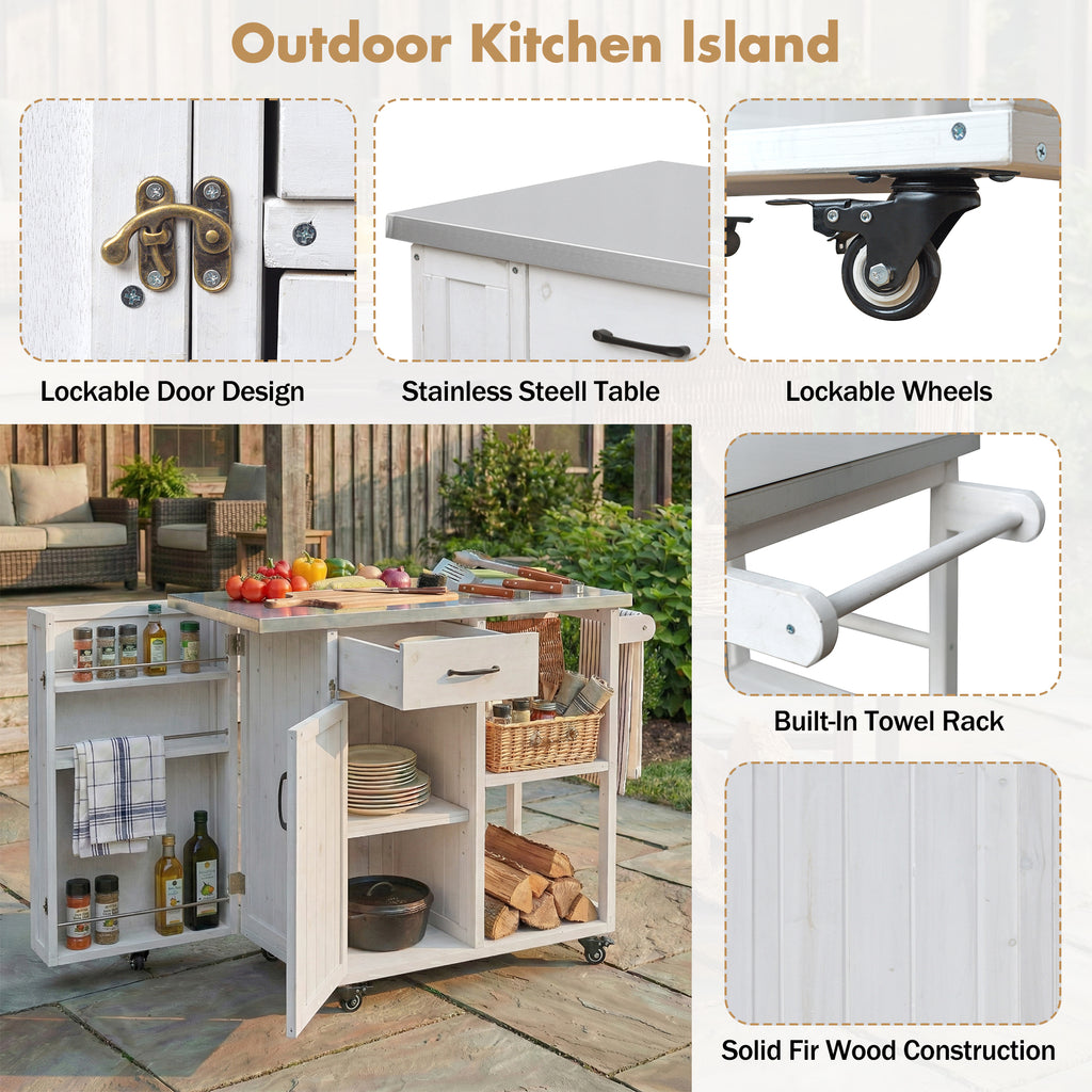 Outdoor Kitchen Island Fir Wood Prep Station Lockable Kitchen Cart with Stainless Top, Ample Storage Space, Towel and Spice Racks for Patio and Outdoor, White