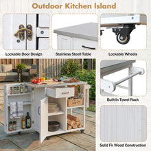 Load image into Gallery viewer, Outdoor Kitchen Island Fir Wood Prep Station Lockable Kitchen Cart with Stainless Top, Ample Storage Space, Towel and Spice Racks for Patio and Outdoor, White