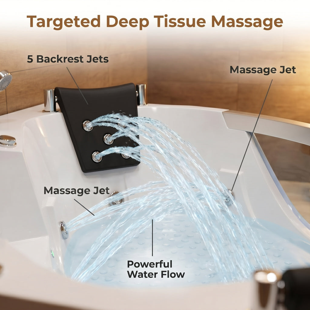 59" light luxury double corner whirlpool bathtub, 20 sets of multi-directional massage nozzles, chromotherapy healing atmosphere, brand-level certified accessories
