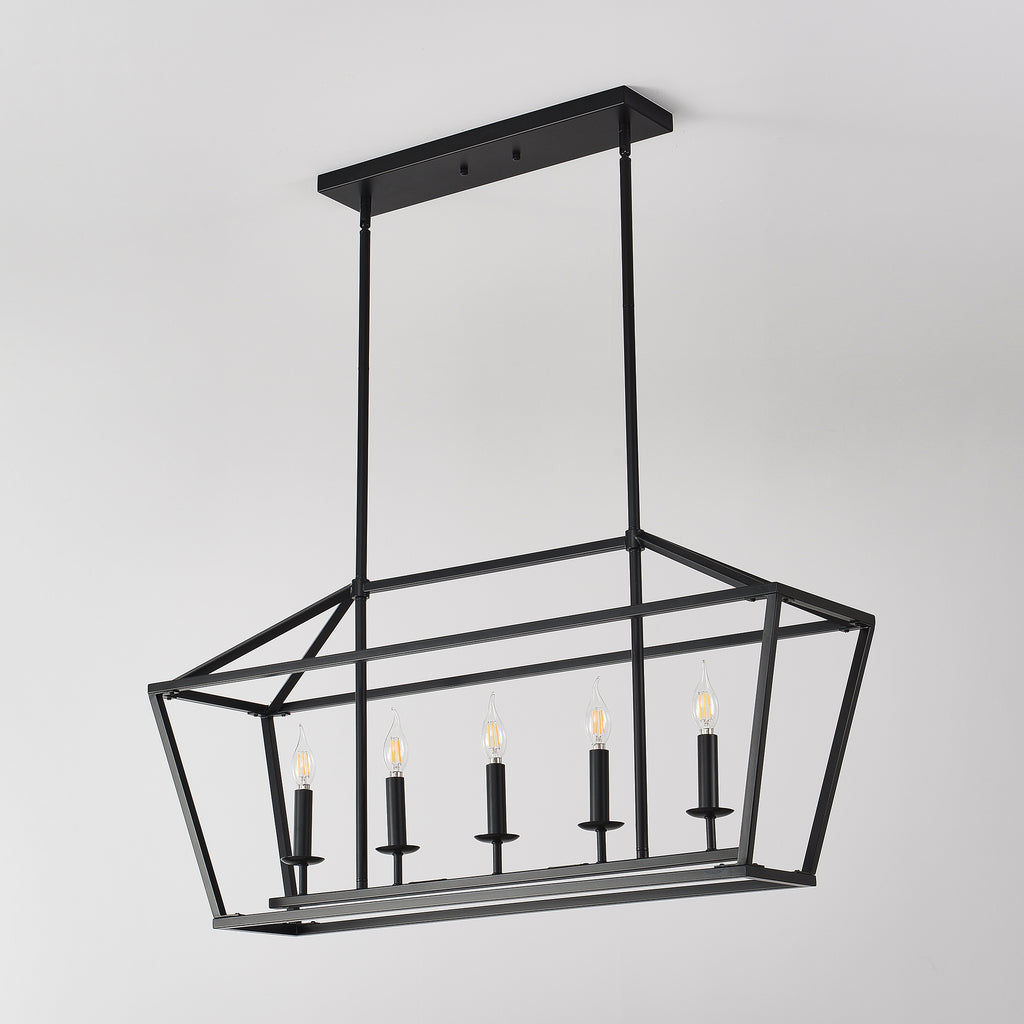 5-Light Farmhouse Kitchen Island Lighting,5 Light Industrial Linear Chandelier for Dining Room Metal Matte Black Finish Hanging Pendant Light Fixture for Bedroom Living Room Hallway Conference Room