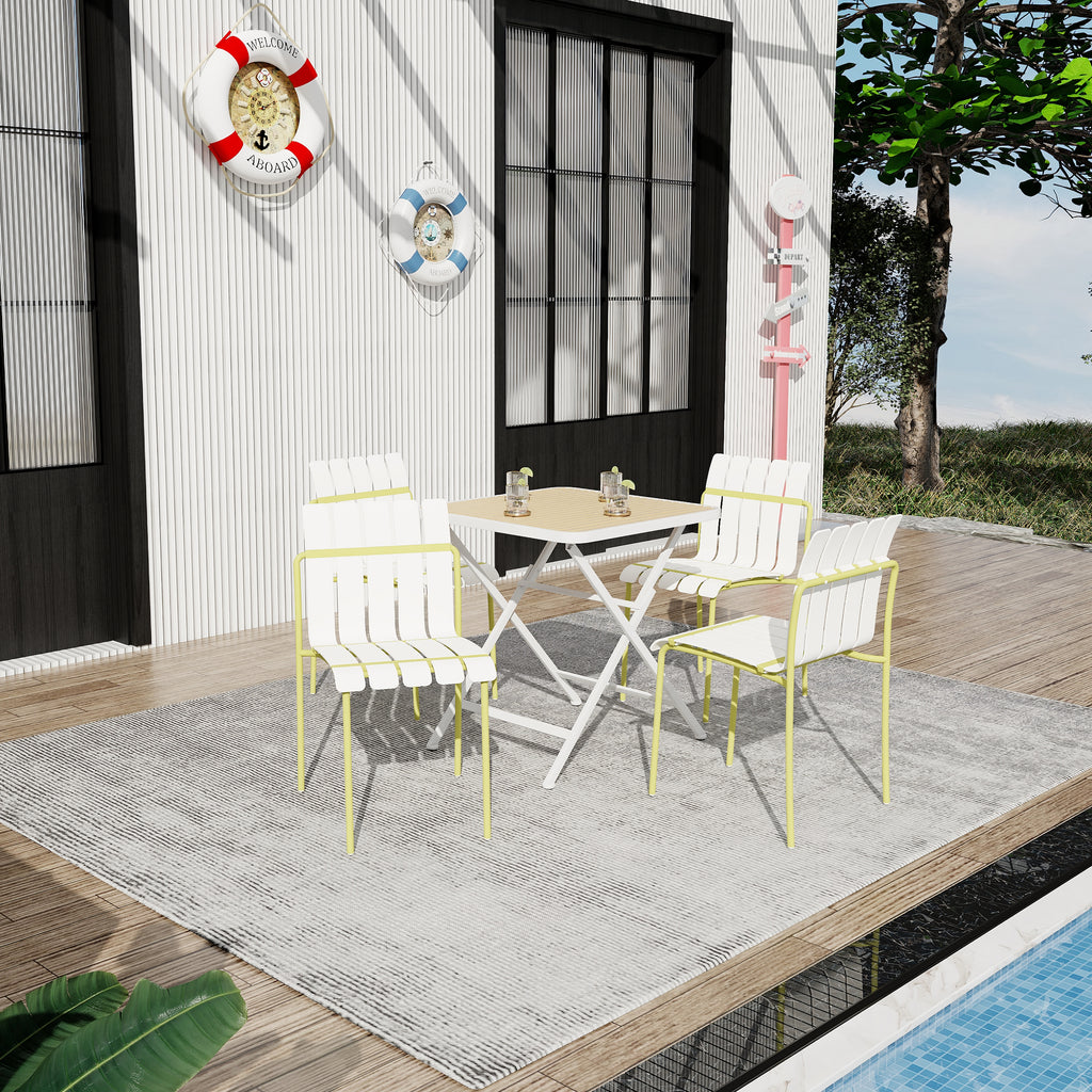 Summer - 4-Pack Modern Striped Color Block Chairs - Waterproof PP Seat & Sturdy Metal Legs, Indoor/Outdoor Dining Set for Patio, Balcony, Café (White & Yellow)