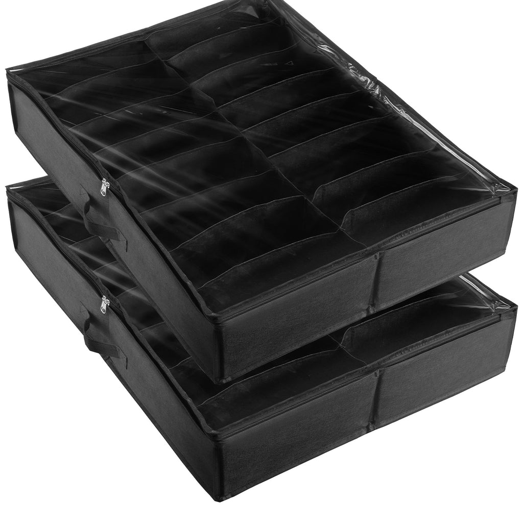 Sturdy Under Bed Shoe Storage Organizer, Set of 2, 32 Compartments, Underbed Shoes Closet Storage Solution with Clear Window, Breathable, L31.5"x W23.6"x H5.9", Black