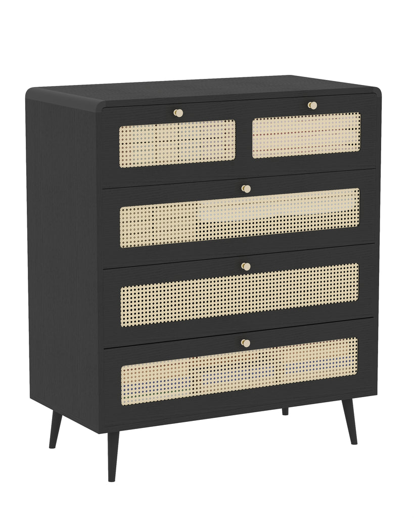 4 Drawer Dresser, Modern Rattan Dresser Chest with Wide Drawers and Metal Handles, Farmhouse Wood Storage Chest of Drawers for Bedroom, Living Room, Hallway, Entryway