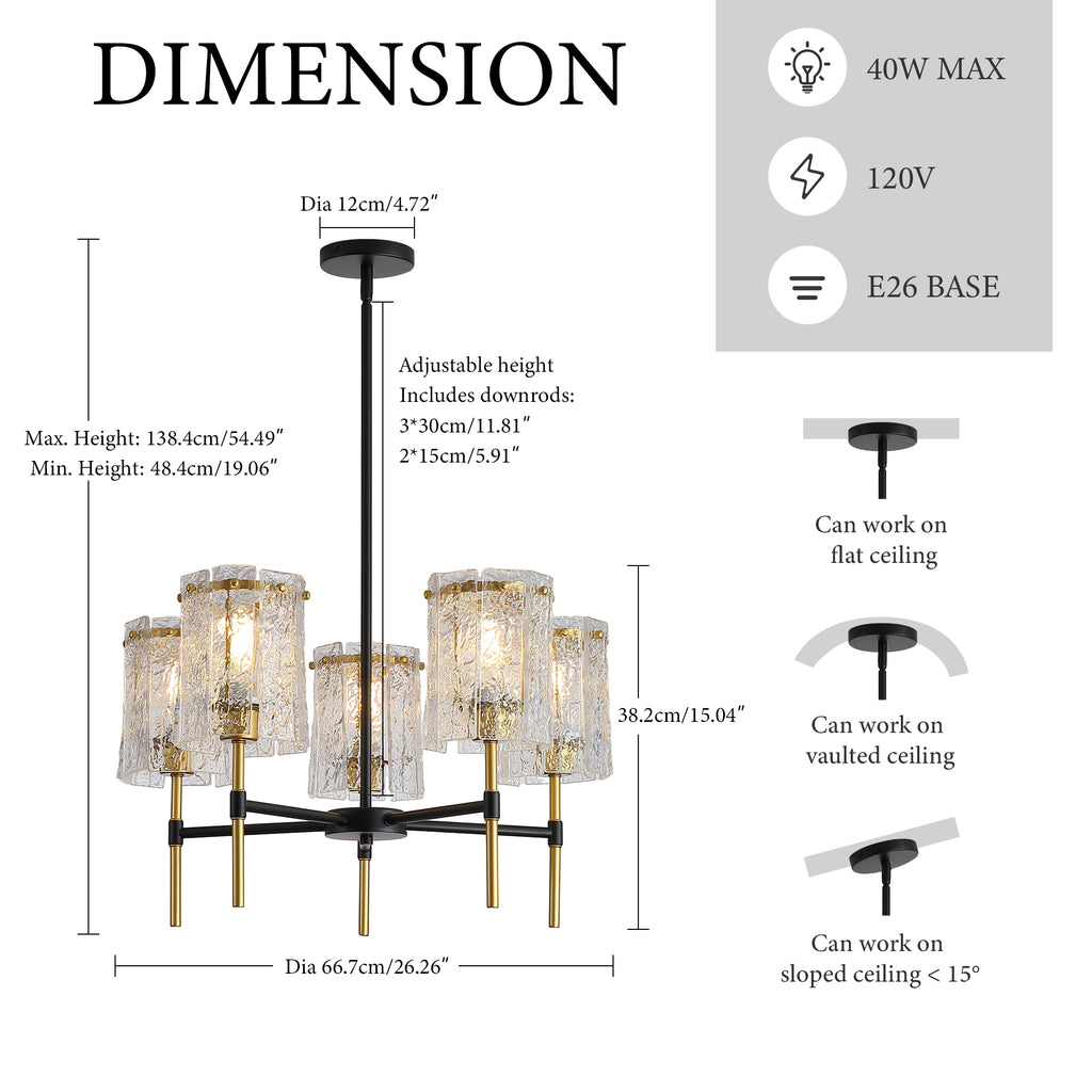 Modern 5-Light Black and Gold Chandelier, Textured Glass Pendant Light with Electroplated Gold Finish for Living Room Dining Room Not Including the Bulb