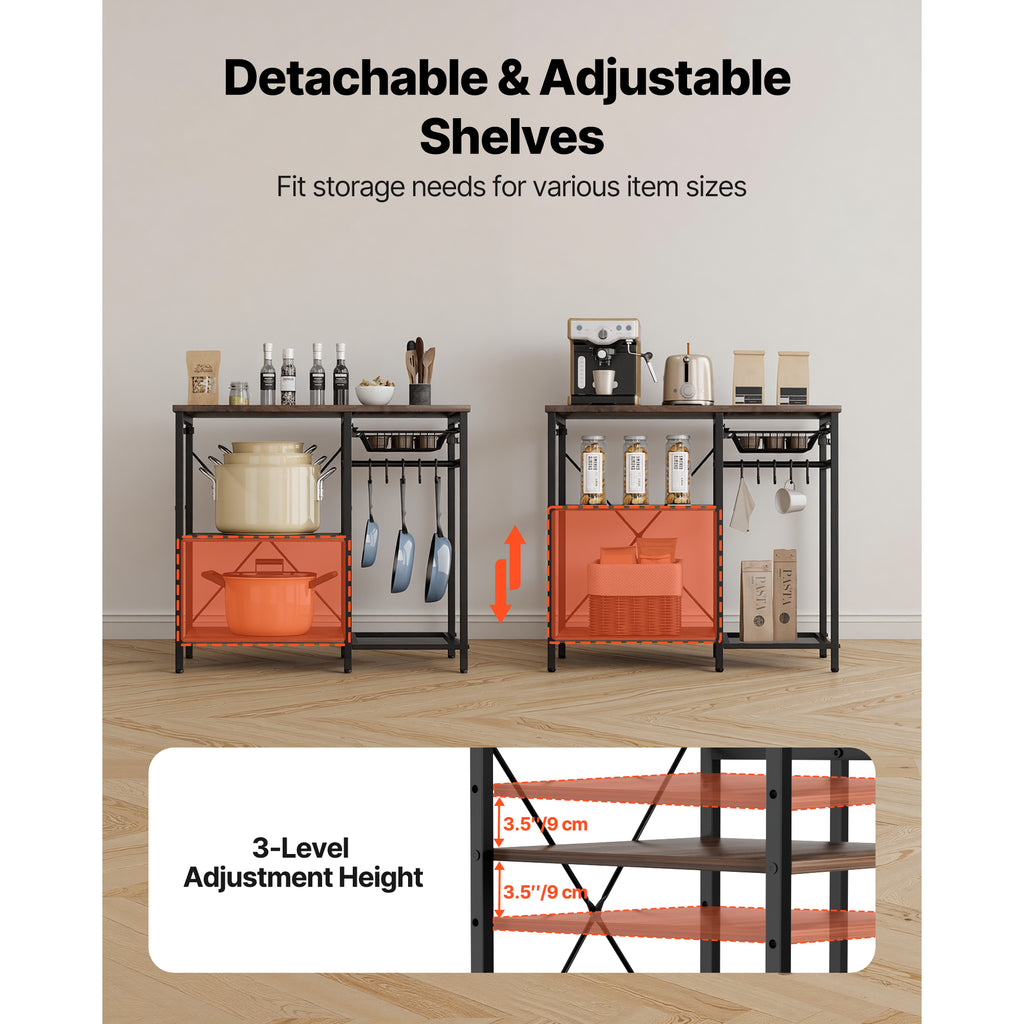 Kitchen Bakers Rack, 35.4 inch Width Bakers Rack, Kitchen Stand with X-Shaped Support Bar, 5 S-Shaped Hooks, Multi-Layer Storage Shelf, Coffee Bar Stand for Dishes & Bowls, Spice Bottles