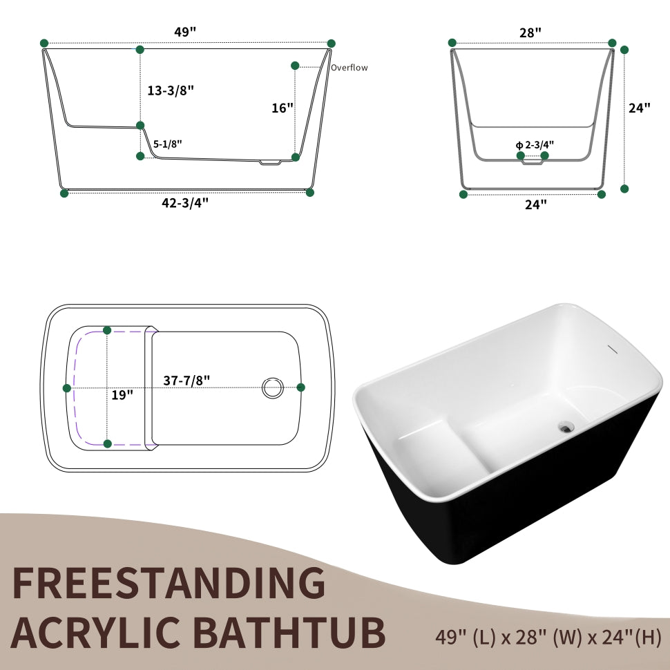 49'' x 28'' Acrylic Freestanding Soaking Bathtub, Square-shape Japanese Soaking Hot Tub, Sit-In Design with Chrome Overflow and Drain, Available for Express Delivery, Glossy Black 23AMA-49B