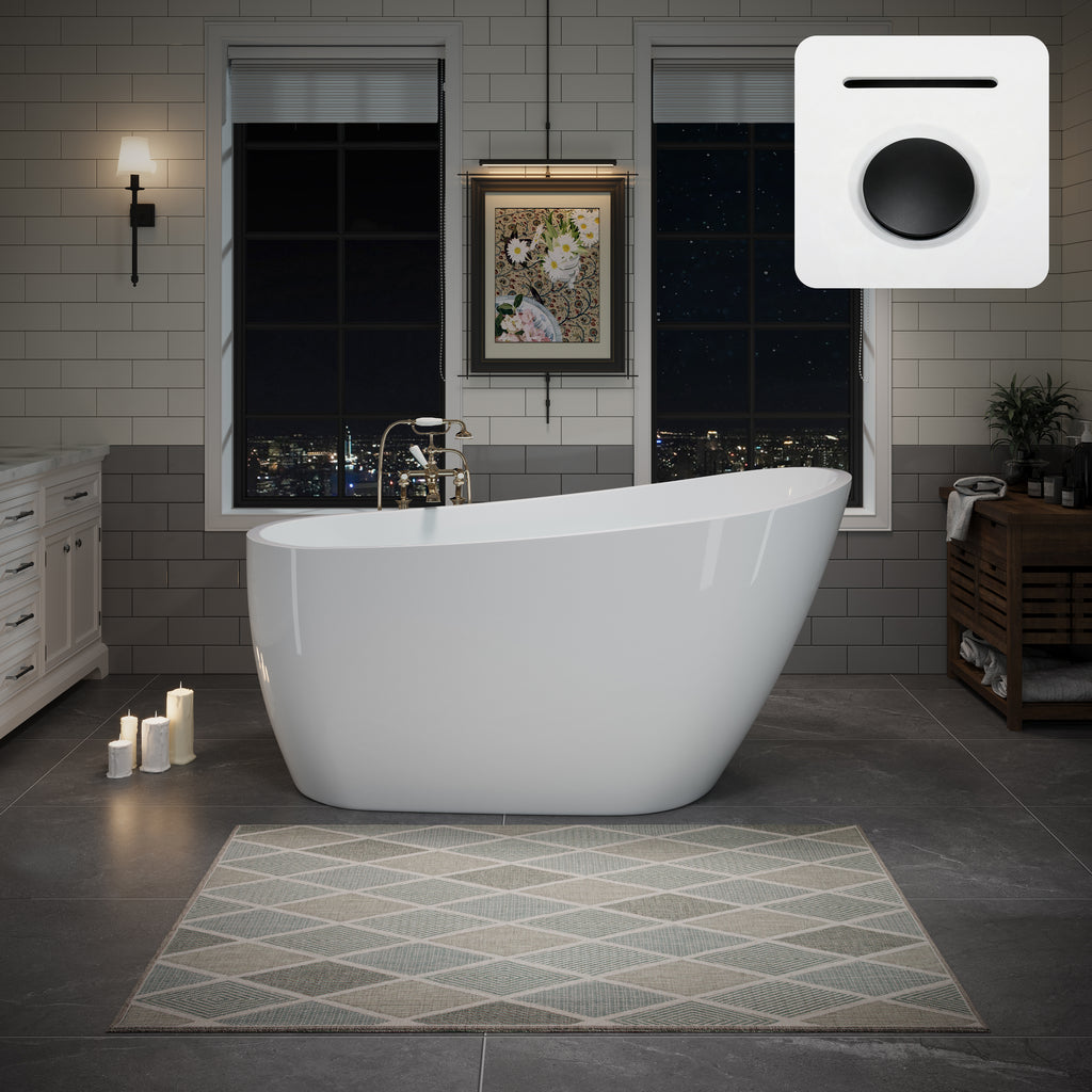 55" Acrylic Freestanding Bathtub, Deep Soaking Contemporary Stand Alone Bath Tub with Pop-up Drain & Integrated Overflow, Chrome-Finish Drain Cover, Glossy White GF-26A04-55