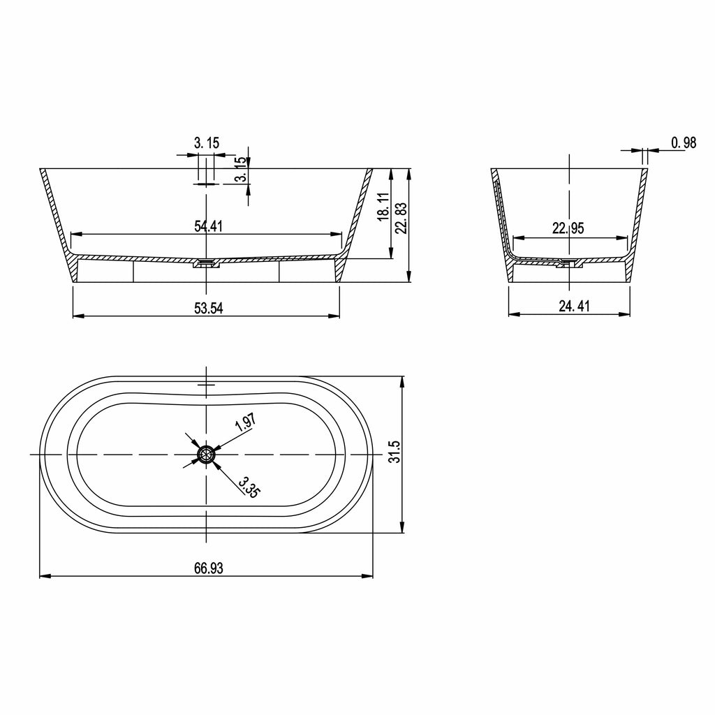 67 inch freestanding solid surface soaking bathtub for bathroom