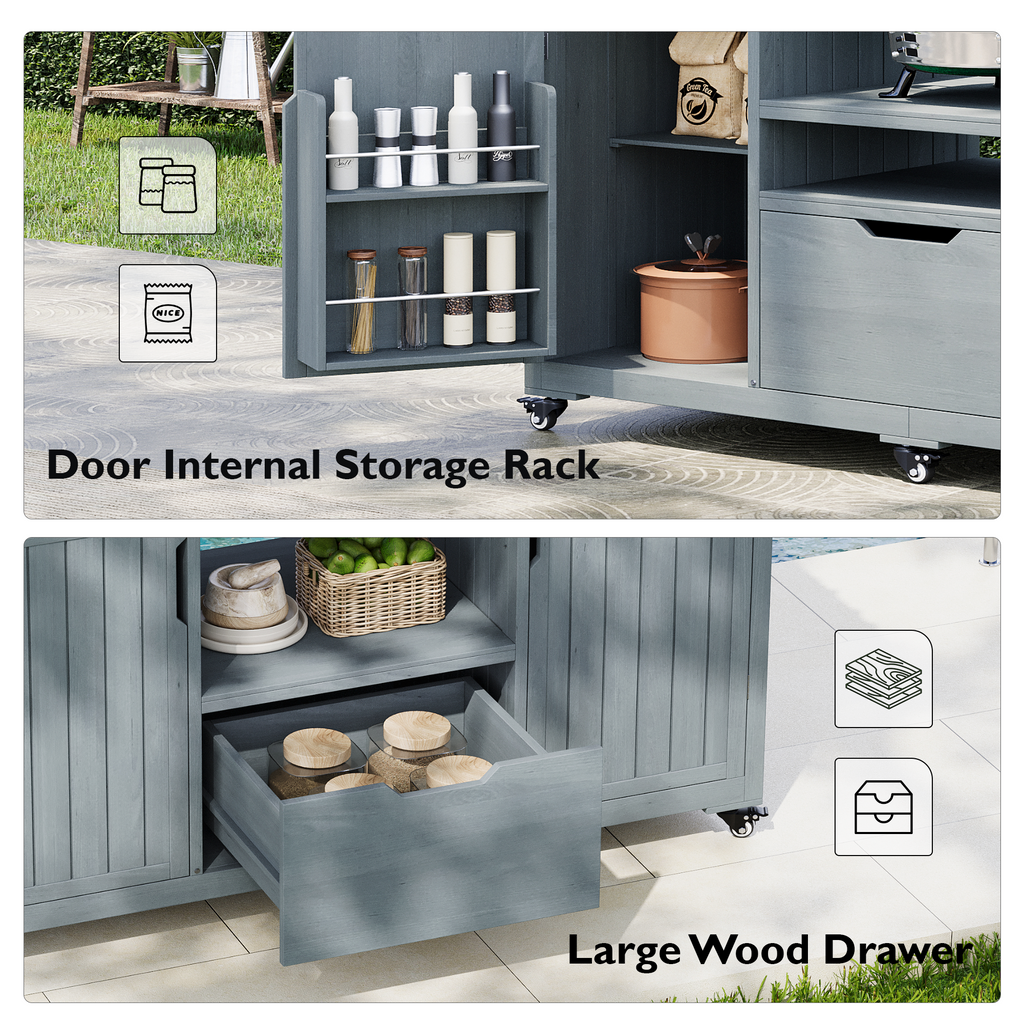 K&K 66.5" Outdoor Kitchen Island for Big Green Egg Grills, Solid Wood Outdoor Grill Cart for Tabletop Grill with Stainless Steel Top, Drawer, Compatible with Large Big Green Egg, Kamado Joe- Grey Blue