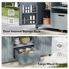 Load image into Gallery viewer, K&amp;K 66.5" Outdoor Kitchen Island for Big Green Egg Grills, Solid Wood Outdoor Grill Cart for Tabletop Grill with Stainless Steel Top, Drawer, Compatible with Large Big Green Egg, Kamado Joe- Grey Blue