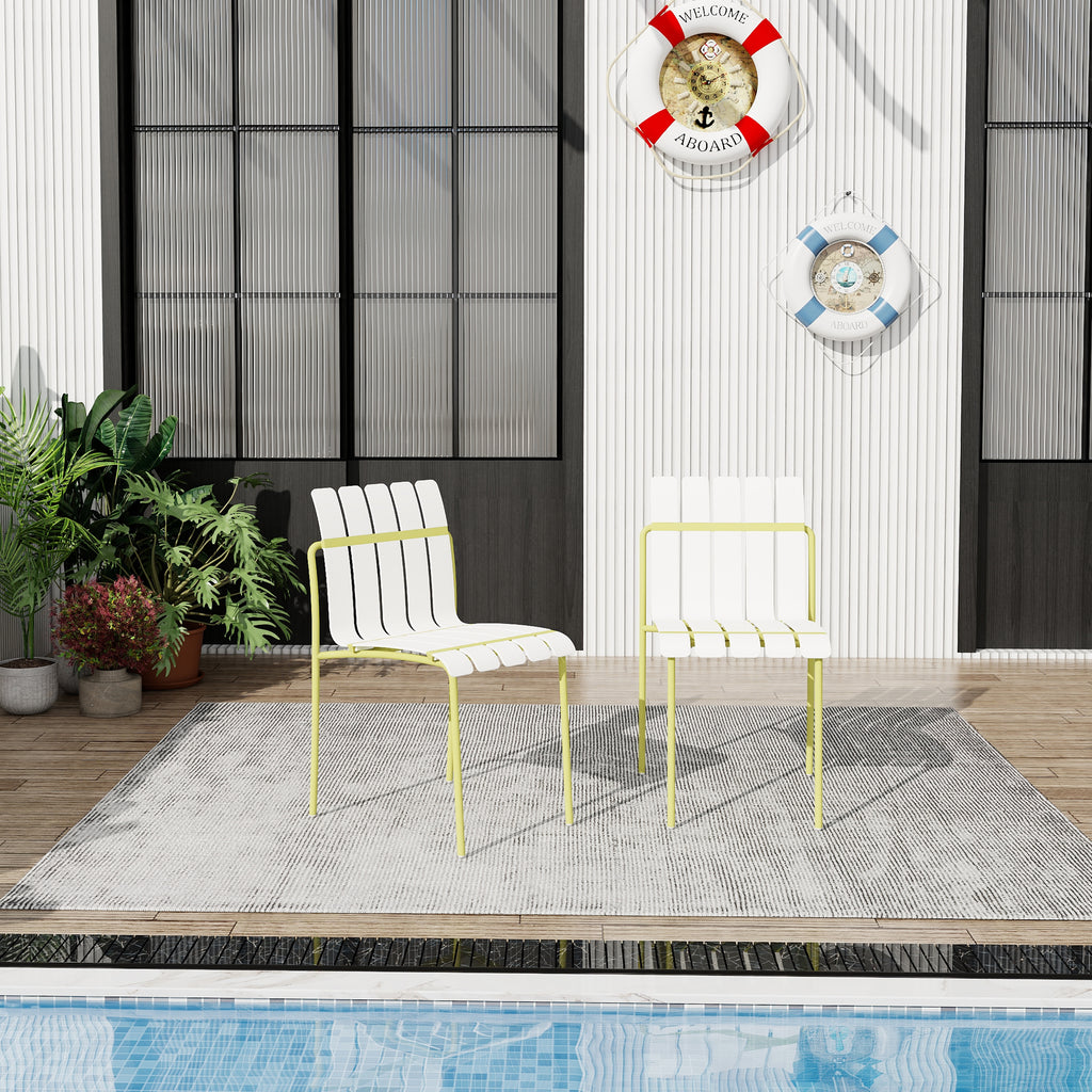 Summer - 4-Pack Modern Striped Color Block Chairs - Waterproof PP Seat & Sturdy Metal Legs, Indoor/Outdoor Dining Set for Patio, Balcony, Café (White & Yellow)