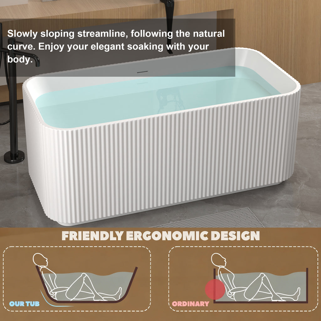 59"Rectangle Linear Acrylic Freestanding Bathtub Stand Alone Soaker Tub, Glossy White Acrylic, POP-UP Chrome Drain, cUPC Certified,