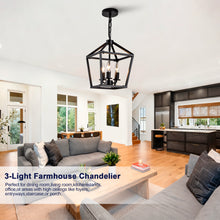 Load image into Gallery viewer, Farmhouse Lantern Chandelier 3-Light, Industrial Black Ceiling Light Fixture with Rustic Open Cage and Adjustable Hanging Height, E12 Base for Kitchen Island, Dining Room, Entryway, Foyer