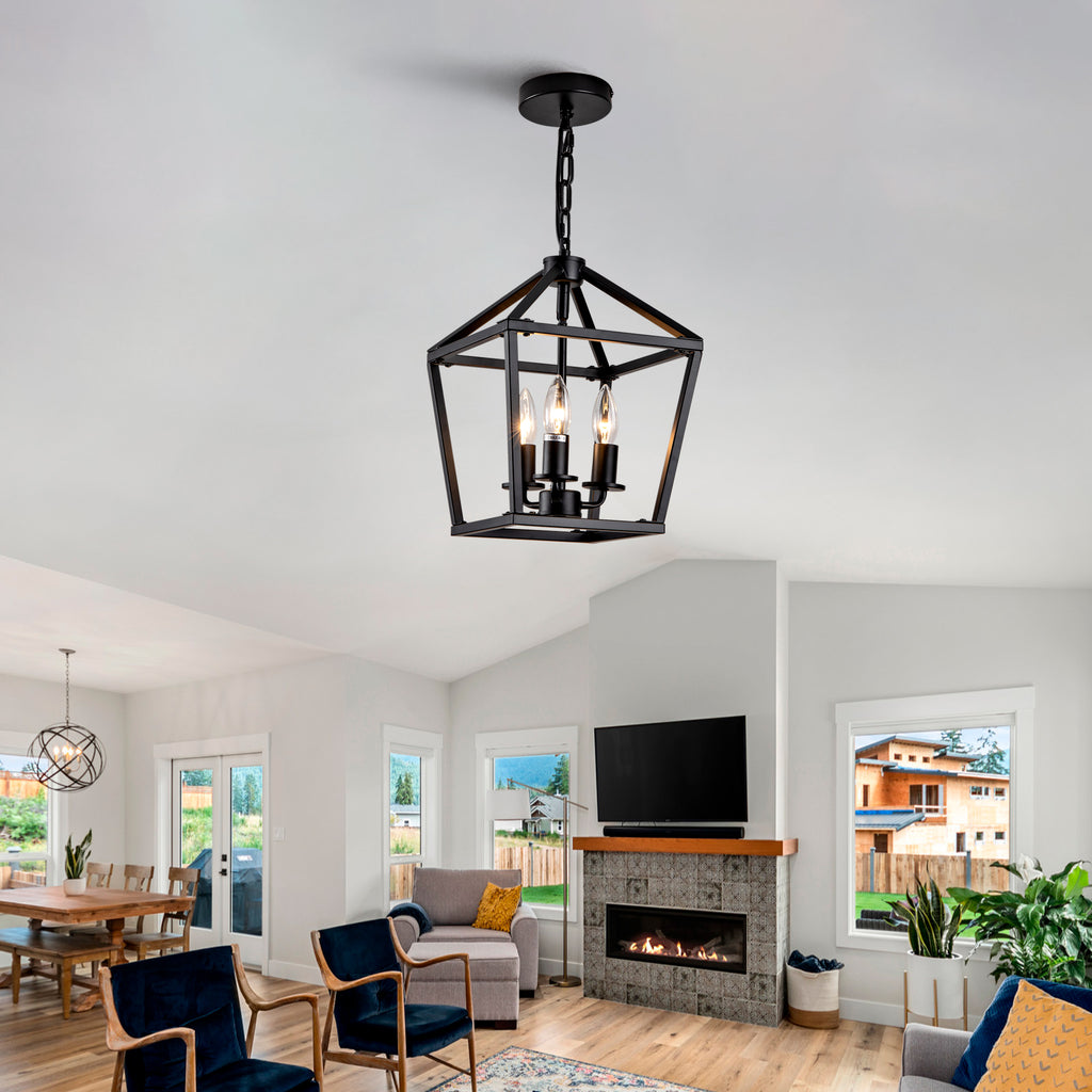 Farmhouse Lantern Chandelier 3-Light, Industrial Black Ceiling Light Fixture with Rustic Open Cage and Adjustable Hanging Height, E12 Base for Kitchen Island, Dining Room, Entryway, Foyer