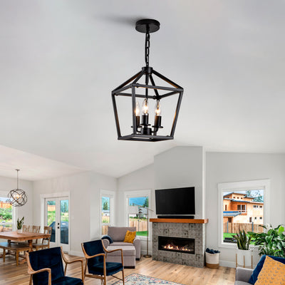 Farmhouse Lantern Chandelier 3-Light, Industrial Black Ceiling Light Fixture with Rustic Open Cage and Adjustable Hanging Height, E12 Base for Kitchen Island, Dining Room, Entryway, Foyer