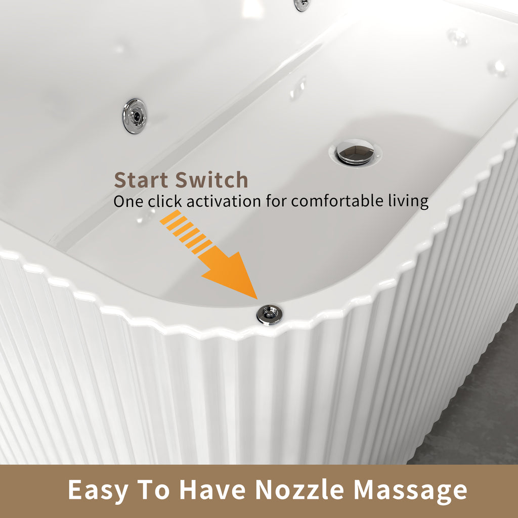 67" Rectangle Linear Acrylic Massage Whirlpool Bathtub Freestanding Bathtub Stand Alone Soaker Tub, Glossy White Acrylic, POP-UP Chrome Drain, cUPC Certified