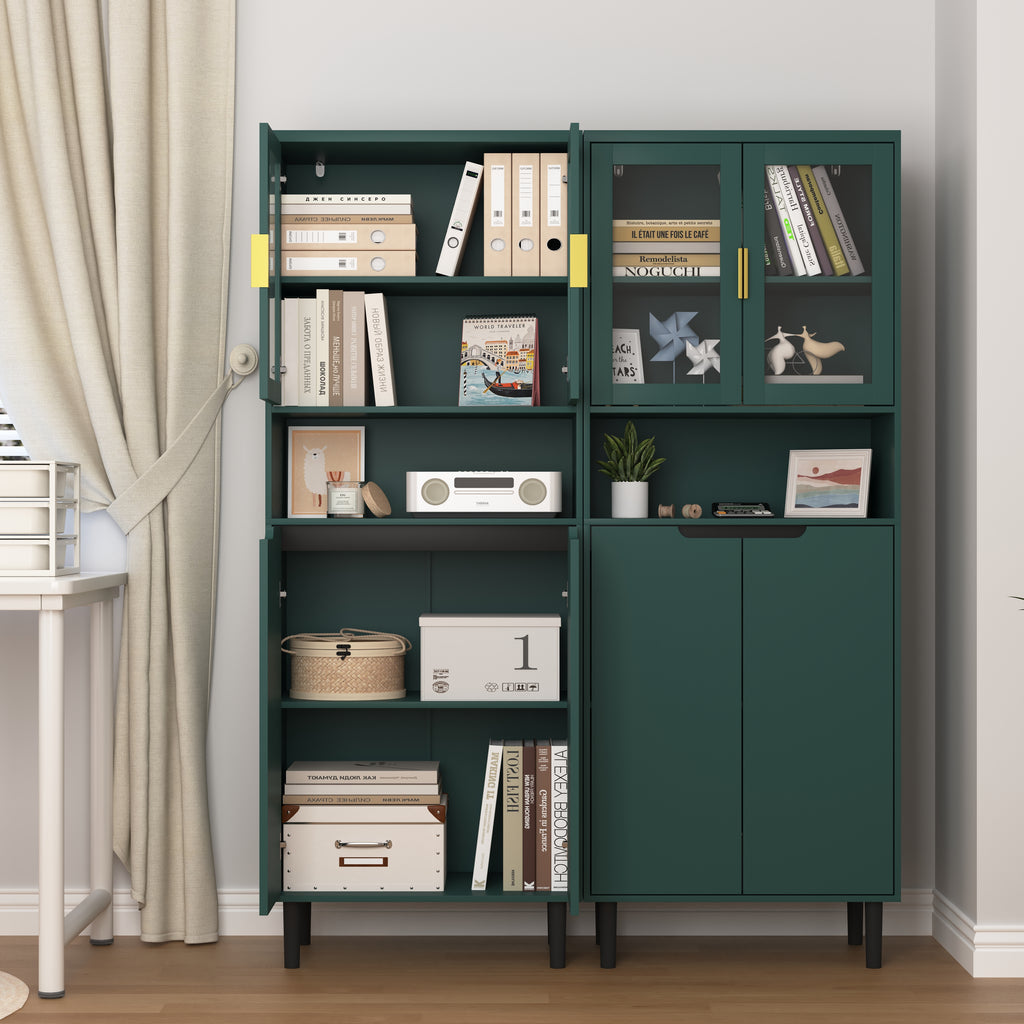Tempered Glass Door Tall Storage Bookcase with adjustable board, 4 doors MDF painting finished cabinet, Green, Living room Bedroom storage