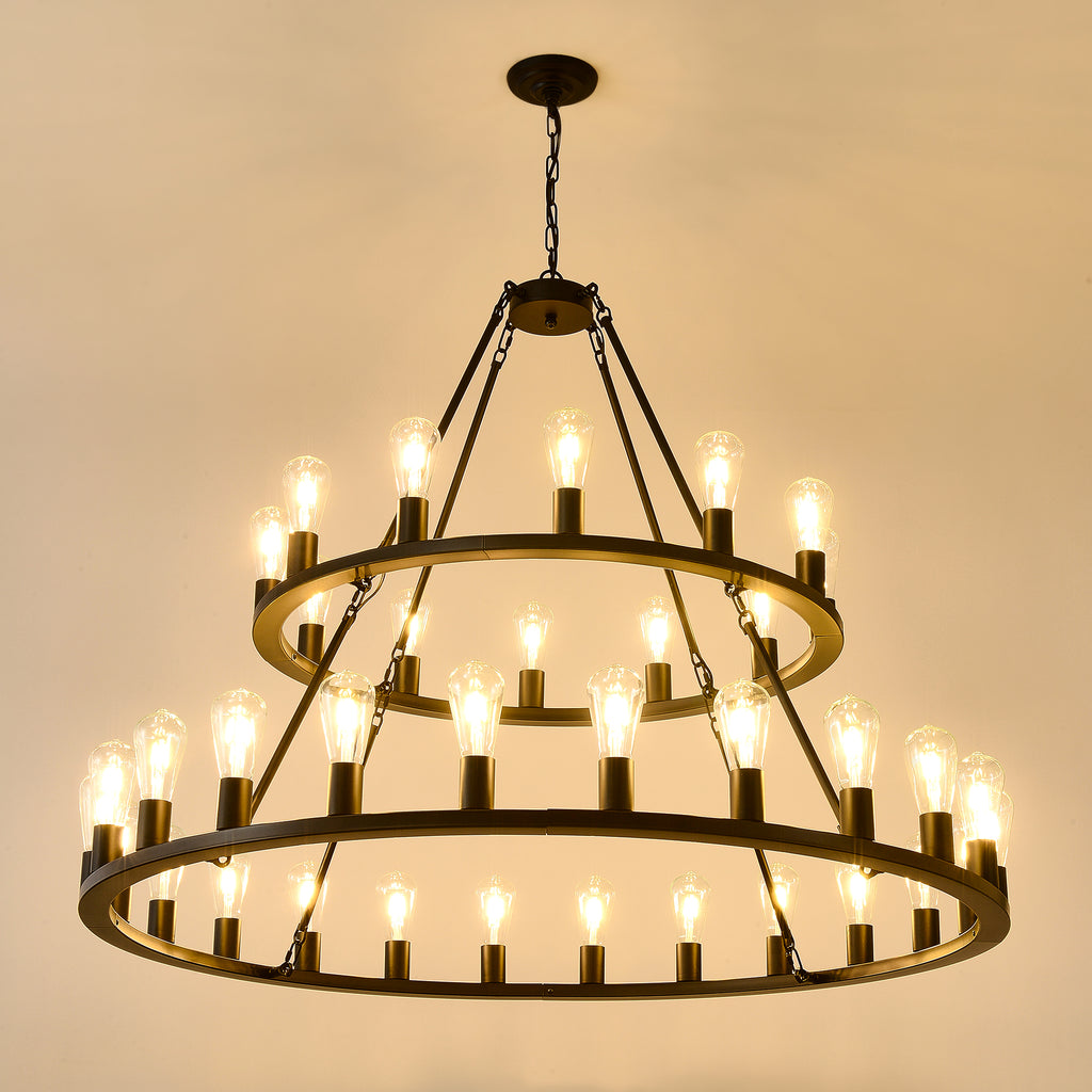 52 Inch Black Extra Large Wagon Wheel Chandelier, 2 Tier 36-Lights (24+12) +(12+24) Farmhouse Industrial Round High Ceiling Pendant Light Adjustable Chain, for Dining Room, Living Room,Kitchen