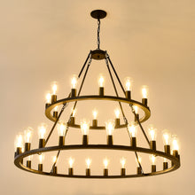 Load image into Gallery viewer, 52 Inch Black Extra Large Wagon Wheel Chandelier, 2 Tier 36-Lights (24+12) +(12+24) Farmhouse Industrial Round High Ceiling Pendant Light Adjustable Chain, for Dining Room, Living Room,Kitchen