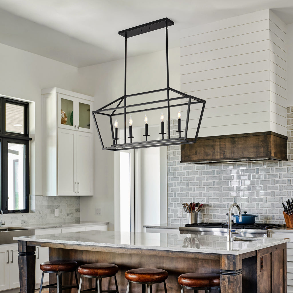 5-Light Farmhouse Kitchen Island Lighting,5 Light Industrial Linear Chandelier for Dining Room Metal Matte Black Finish Hanging Pendant Light Fixture for Bedroom Living Room Hallway Conference Room