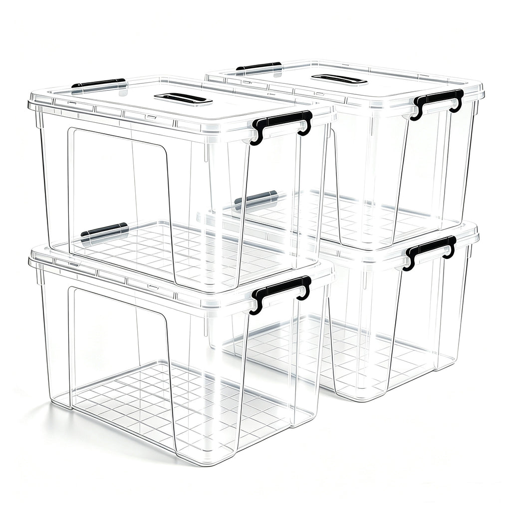 4 Pack 90 QT Plastic Storage Bins with Lids,Clear Stackable Bins with Secure Latches and Handles Heavy-Duty Storage Containers For Home Office and Garage Organization