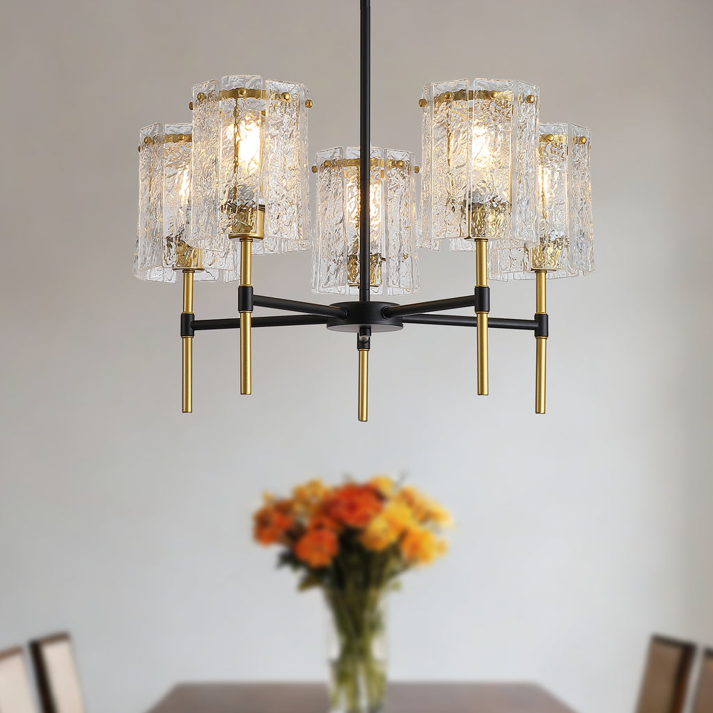 Modern 5-Light Black and Gold Chandelier, Textured Glass Pendant Light with Electroplated Gold Finish for Living Room Dining Room Not Including the Bulb