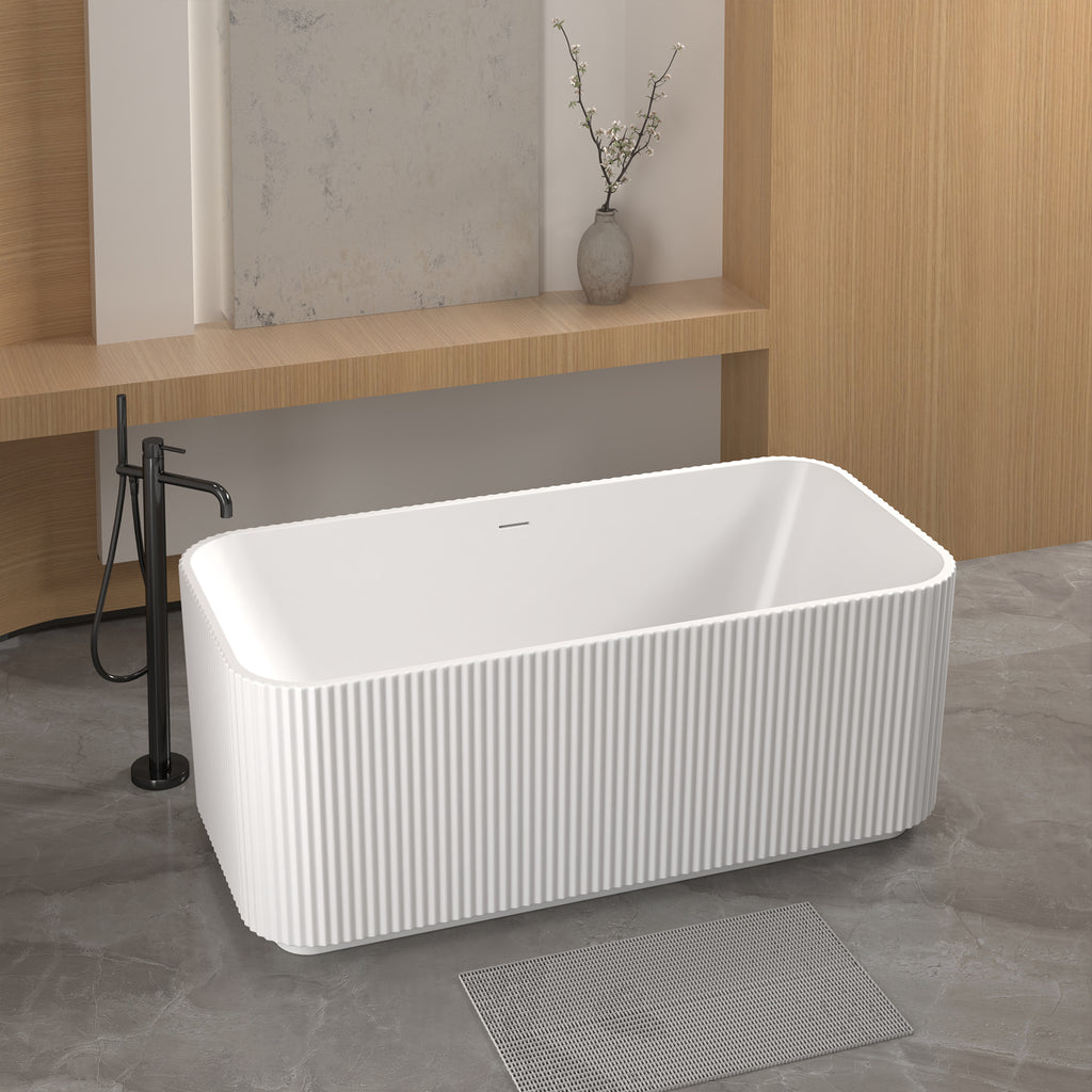 59"Rectangle Linear Acrylic Freestanding Bathtub Stand Alone Soaker Tub, Glossy White Acrylic, POP-UP Chrome Drain, cUPC Certified,