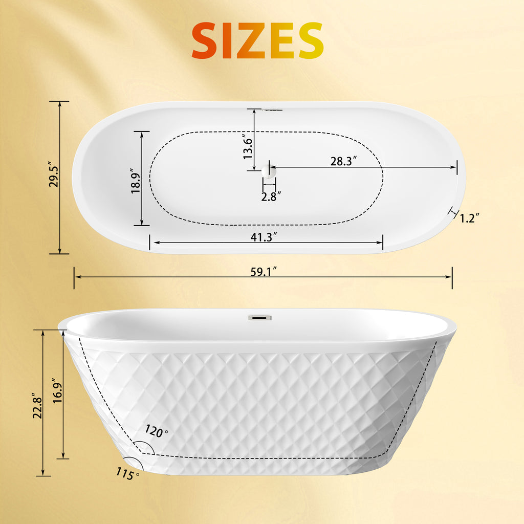59'' acrylic freestanding bathtub with unique diamond pattern design: spacious oval shape,  Gloss white finish, Chrome overflow and pop-up drain CUPC Certificate