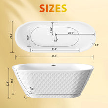 Load image into Gallery viewer, 59'' acrylic freestanding bathtub with unique diamond pattern design: spacious oval shape,  Gloss white finish, Chrome overflow and pop-up drain CUPC Certificate