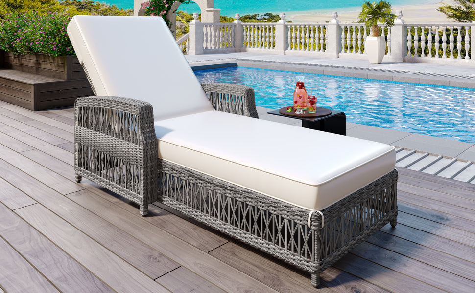 GO Outdoor Long Reclining Chaise, Wicker Lounge with Armrests, Patio Adjustable Recliner with Soft Removable Cushions, All Weather Rattan Pool Lounge for Poolside & Garden, Beige